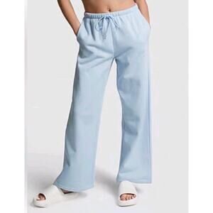 NWT Victoria Secret PINK Campus Fleece Wide Leg Baby Blue Sweatpants Size Large